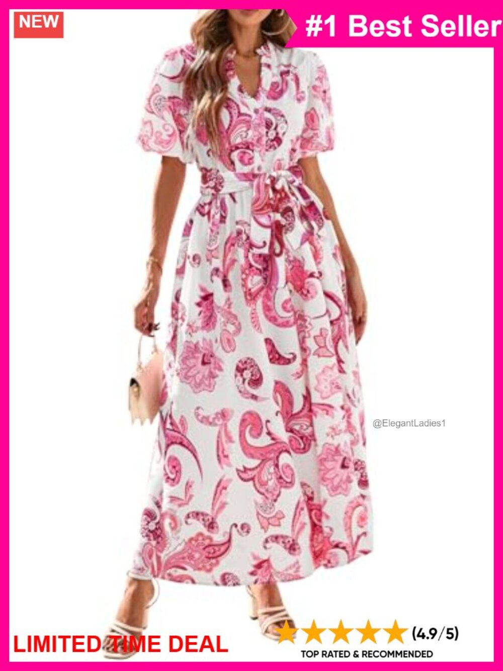 Boho Floral Maxi Dress Puff Sleeve V Neck Button Down Belted